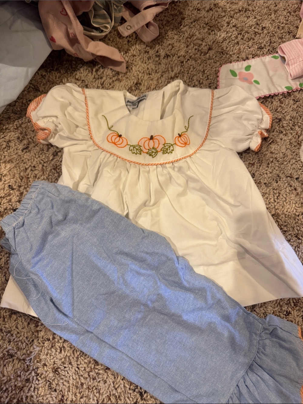 Sweet Dreams Cream Top with Orange Pumpkin Embroidery and Blue Pants